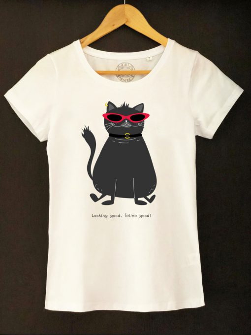 Organic cotton T-shirt- Looking good, feline good, Women