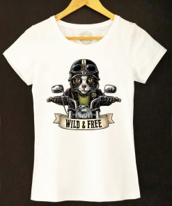 Organic cotton T-shirt-Motorcyclist Cat, Women