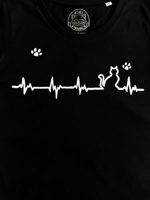 Hand painted T-shirt-Heartbeat Cat and Paws-Black, Women