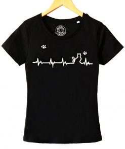 Hand painted T-shirt-Heartbeat Cat and Paws-Black, Women