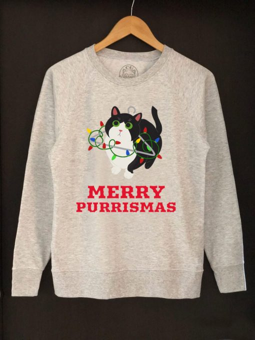 Printed Sweatshirt-Merry Purrismas (Tuxedo Cat), Women