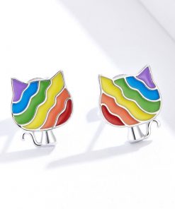 Rainbow Cat Silver Earrings
