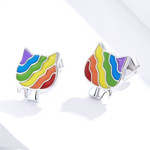 Rainbow Cat Silver Earrings