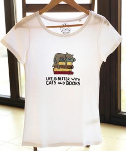 Hand painted T-shirt- Cats & Books, Women