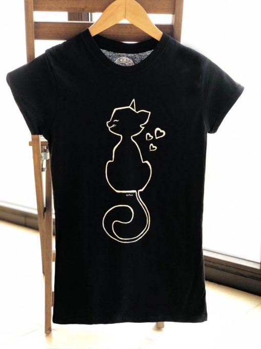 Hand painted T-shirt-Cat and loving hearts, Women