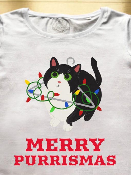 Organic cotton T-shirt-Merry Purrismas (Tuxedo Cat)