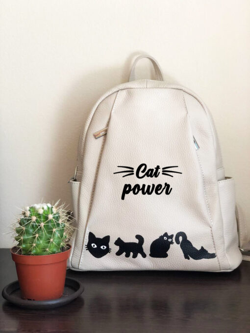 Hand Painted Natural Leather Backpack-Cat Power