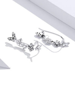 Cat and Butterflies Silver Earrings