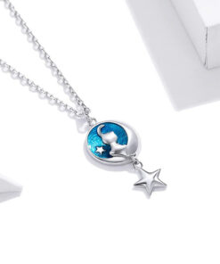 Moon Star Cat Silver Necklace