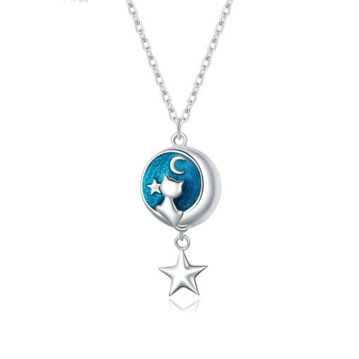 Moon Star Cat Silver Necklace