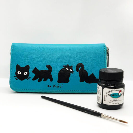 Hand Painted Natural Leather Wallet-Cats in Black, Blue