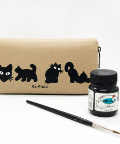 Hand Painted Natural Leather Wallet-Cats in Black, Gray