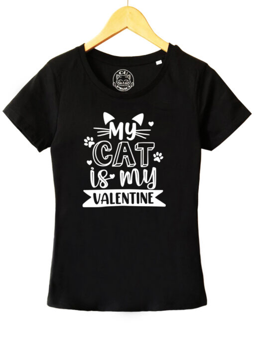 Organic Cotton T-Shirt-My Cat is My Valentine, Women-Black