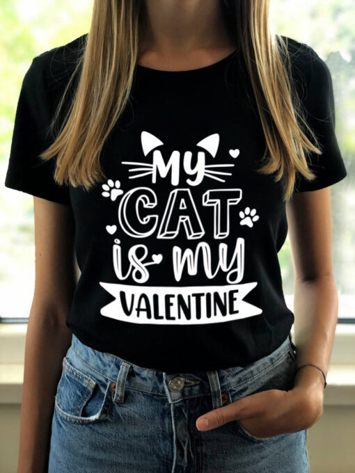 Organic Cotton T-Shirt-My Cat is My Valentine, Women-Black